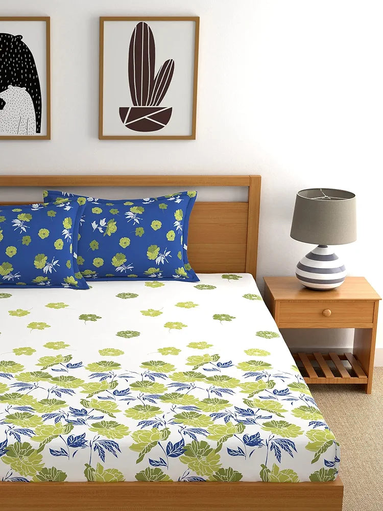 Dreamscape Cotton King Fitted Bedsheet with 2 Pillow Covers, 140 tc Cotton Floral Blue Bedsheet for King Fitted Bed Chilly Spell