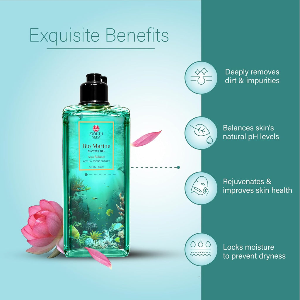 Ayouthveda Bio Marine Shower Gel for Men & Women | Enriched with Lotus, Stone Flower & Water Chestnut | Detoxifies, Moisturizes & Rejuvenates | 250 ml