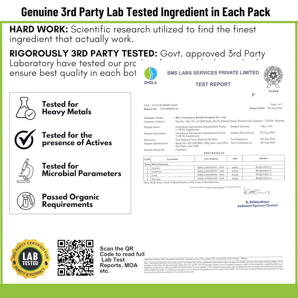 GREENDORSE EPICATECHIN- 99% Purity Workout Capsules | Lean Muscle Growth, Myostatin Inhibitor, Nitric Oxide Booster, Improved blood flow & cognitive functions | Lab tested- 60 Veg capsules