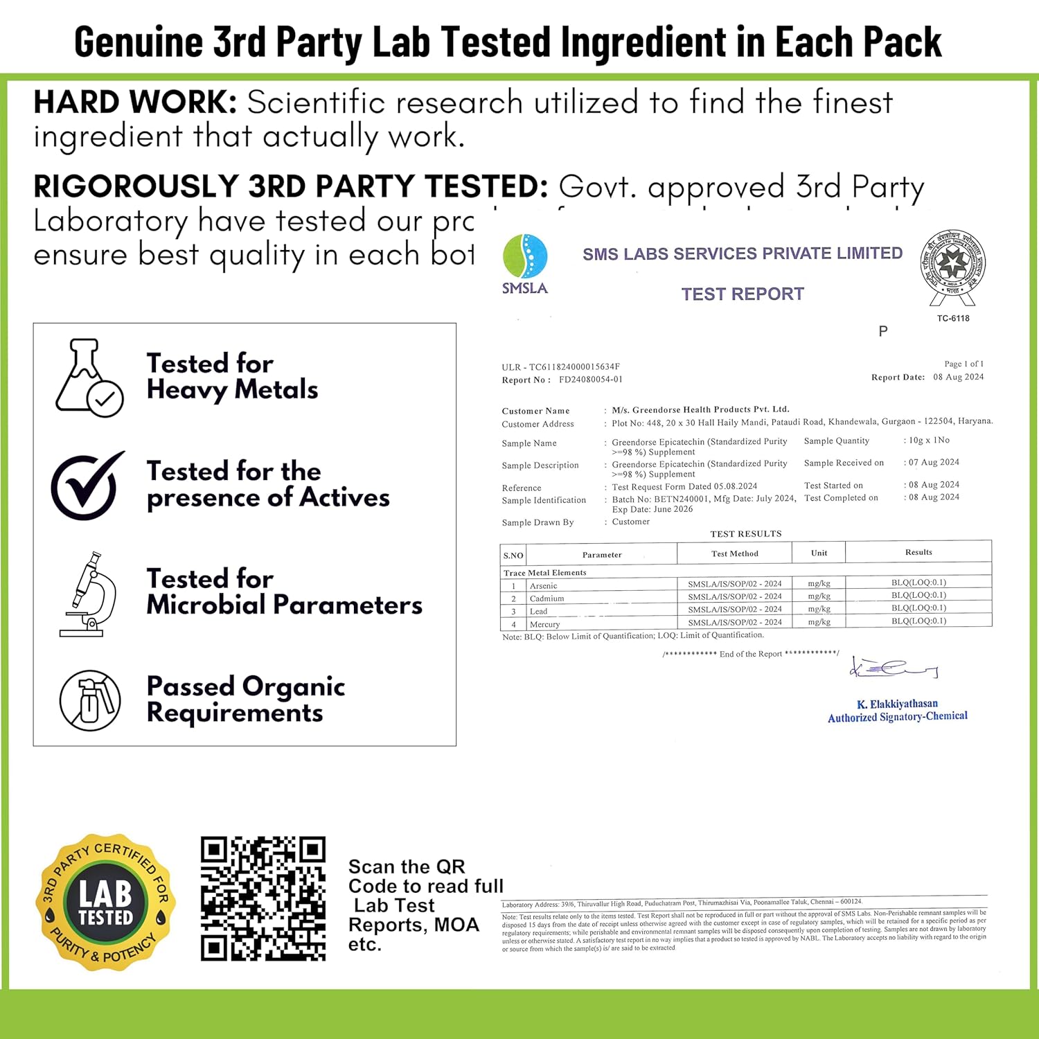 GREENDORSE EPICATECHIN- 99% Purity Workout Capsules | Lean Muscle Growth, Myostatin Inhibitor, Nitric Oxide Booster, Improved blood flow & cognitive functions | Lab tested- 60 Veg capsules