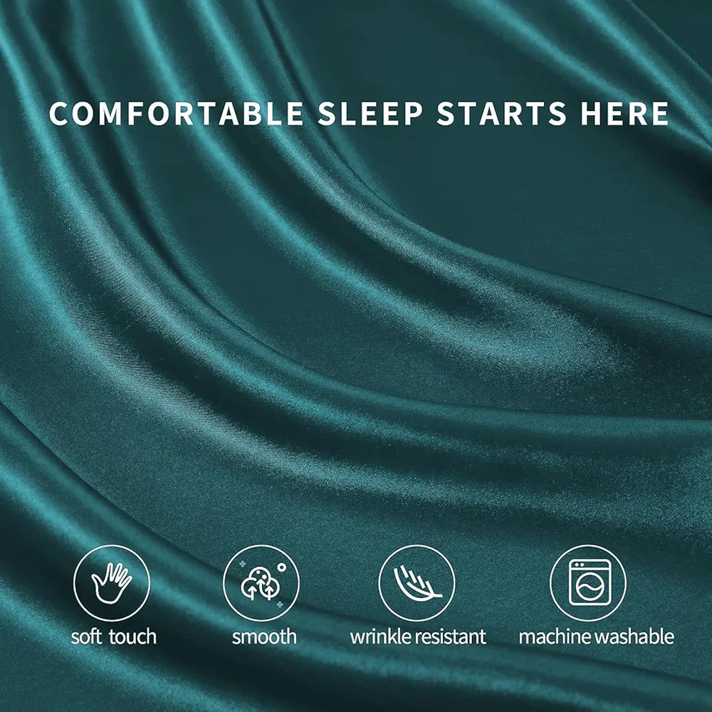 Cloth Fusion Satin Elastic Fitted Bedsheets Double Bed with 2 Pillow Covers Peacock Green