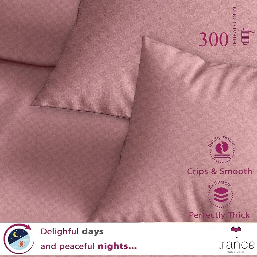 Trance Home Linen Premium Jacquard Weave 300TC Fitted Bedsheet for Queen Size Bed with 2 Pillow Solid Cover 100% Cotton Skin Friendly Colour Dusty Rose