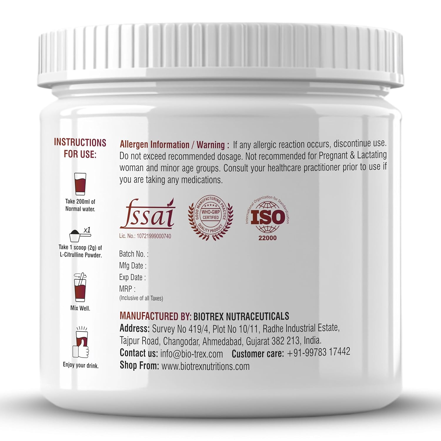 Biotrex Nutraceuticals L Citrulline Powder 2000mg | Supports Endurance & Muscle Pump | Production of Creatine | Enhances Athletic Performance | Unflavoured - 200Gram (100 Servings)