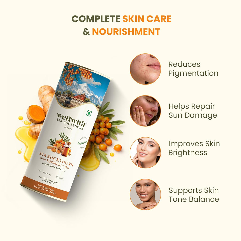 Wellwith by Ayuzera Turmeric Curcumin Oil with Sea buckthorn Berry Pulp 300ml | Kidney Detox | Hormonal Support and Skin Health Supplement | Ayurvedic and Natural, Makes 50 Glass Juice (Pack of 1)
