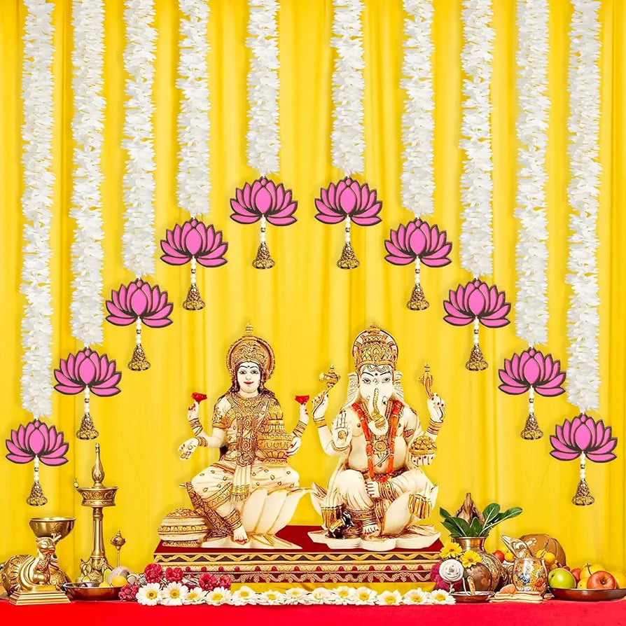 Handmade 10 Pcs Artificial Mogra Garland with Lotus Hanging for Decoration White Flower Strings 2.5 Feet Length