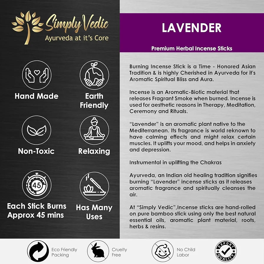Simply Vedic Lavender Incense Sticks with Holder – 135 Handmade Charcoal-Free Agarbatti