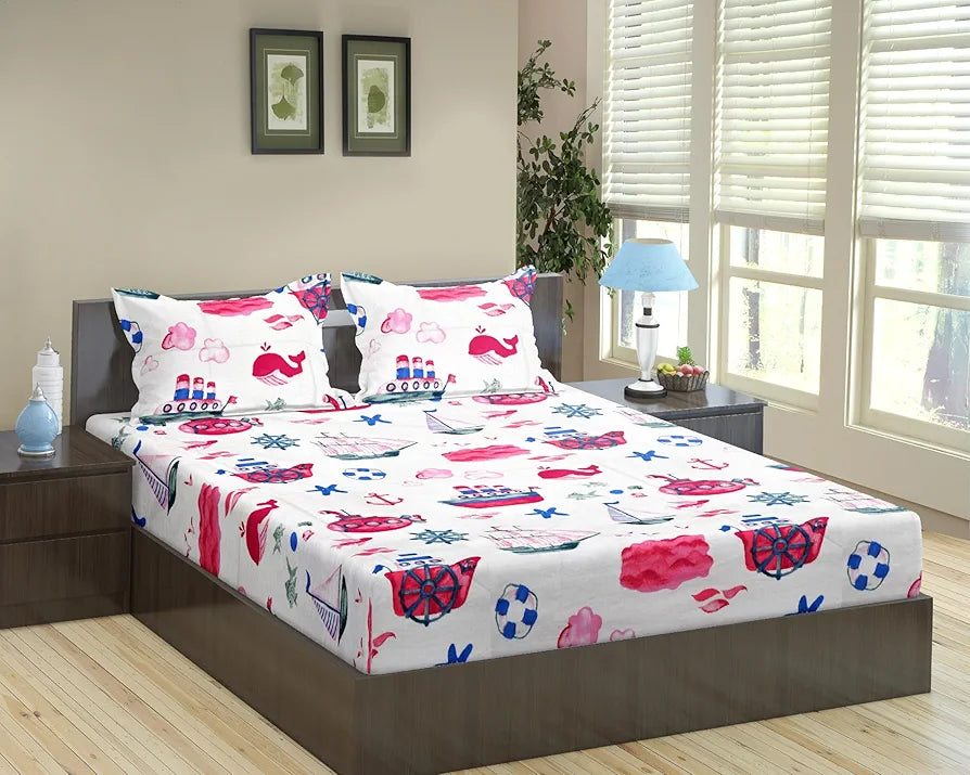 Trance Home Linen 180TC 100% Cotton 78"x72" Standard King Size Elastic Fitted Kids Bedsheet Printed King Bed Size with 2 Pillow Covers Colour Boat Pink