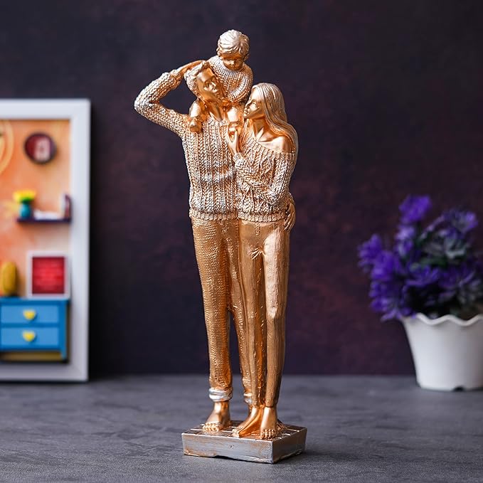 Ecraftindia Golden Beloved Family of Husband, Wife, and Kid on Father's Shoulder Human Figurines Decorative Showpiece