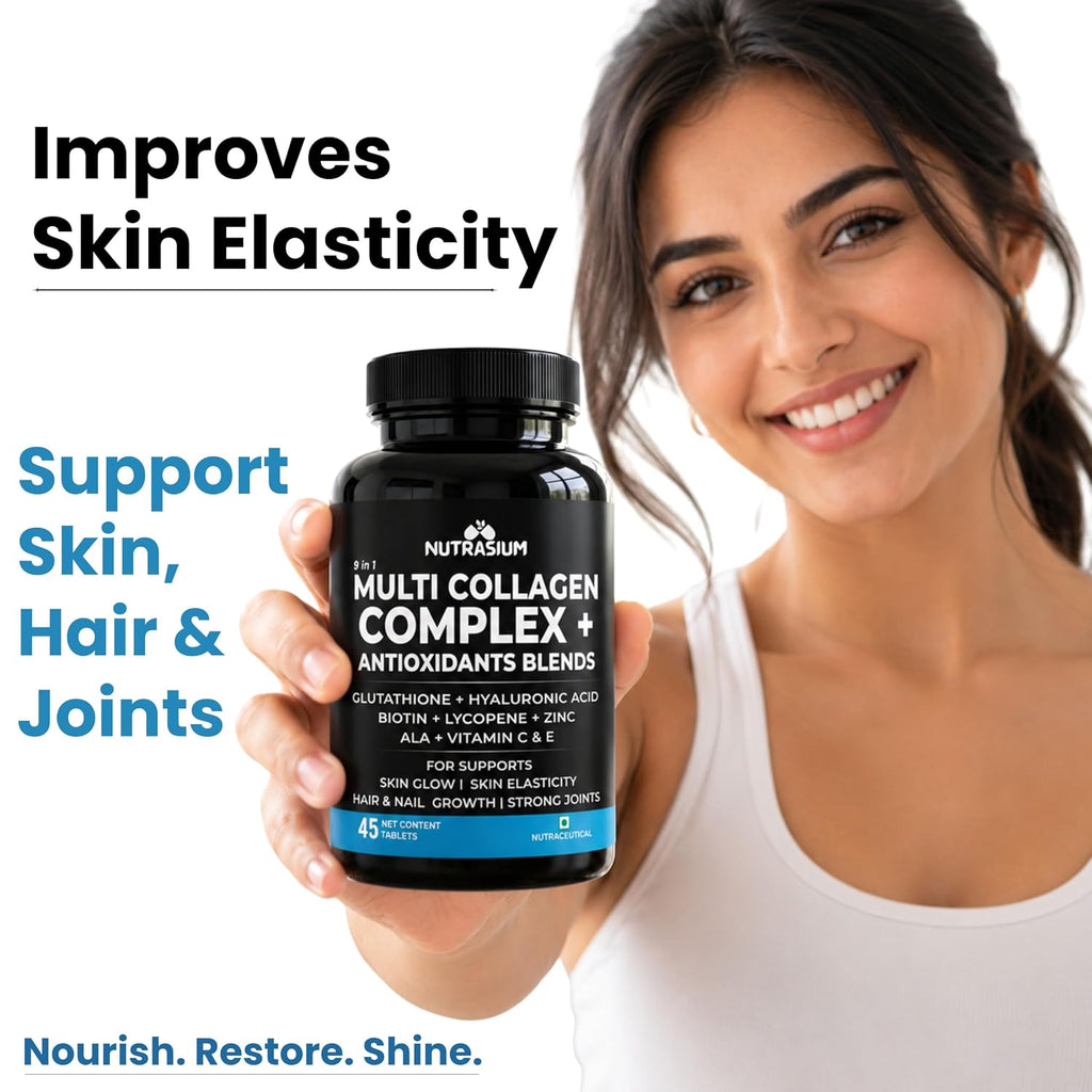 Nutrasium Multi Collagen With Glutathione For Skin Radiance, Skin Firmness & Glow Added Hyluronic acid & Vitamin C & E | 90 Tablets