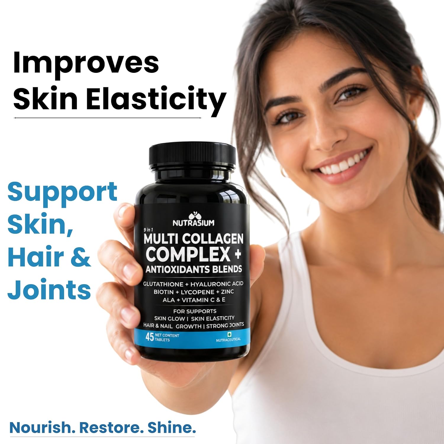 Nutrasium Multi Collagen With Glutathione For Skin Radiance, Skin Firmness & Glow Added Hyluronic acid & Vitamin C & E | 90 Tablets