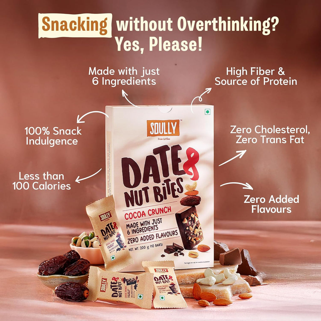 SOULLY Cocoa Crunch Date & Nut Mini Energy Bars 200g (10 Bars x 20g) | Dark Chocolate, Whole Dates, Premium Nuts & Pure Cow Ghee | Just 98 Calories Per Bar | No Refined Sugar Added | No Preservatives | Guilt-Free Dessert Replacement