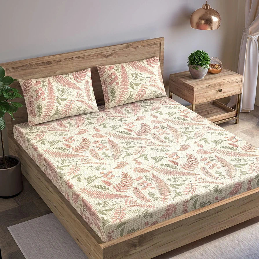 Trance Home Linen 100% Cotton 144Tc Elastic Fitted Bedsheet Printed King Bed Size with 2 Pillow Covers Colour Foliage Peach