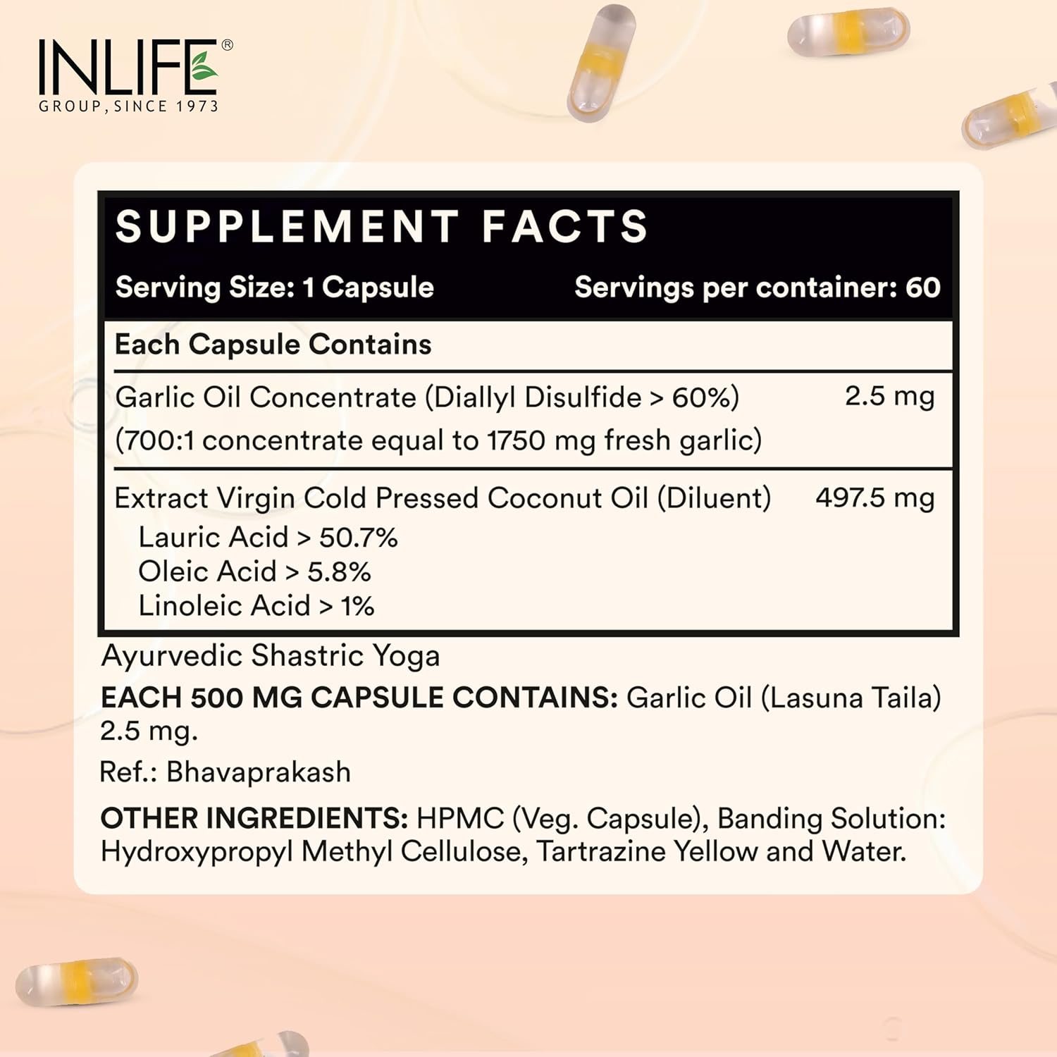 INLIFE Natural Garlic Oil with Coconut Oil Filled Capsules | Extra Virgin Cold Pressed Oil | Helps Support Heart Health, Immunity & Digestion | 60 Vegetarian Capsules