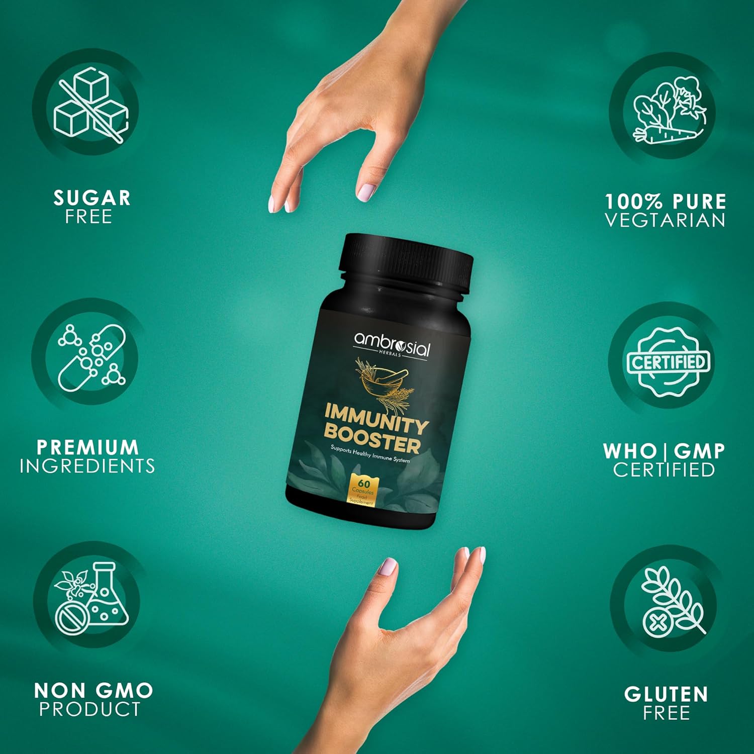 Ambrosial Herbal Immunity Booster Immunity Supplements with Blend of 6 Natural Herbs: Amla, Ashwagandha, Giloy, Turmeric, Black Pepper & Licorice | Immune Booster for Adults (Pack of 1 60 Capsules)