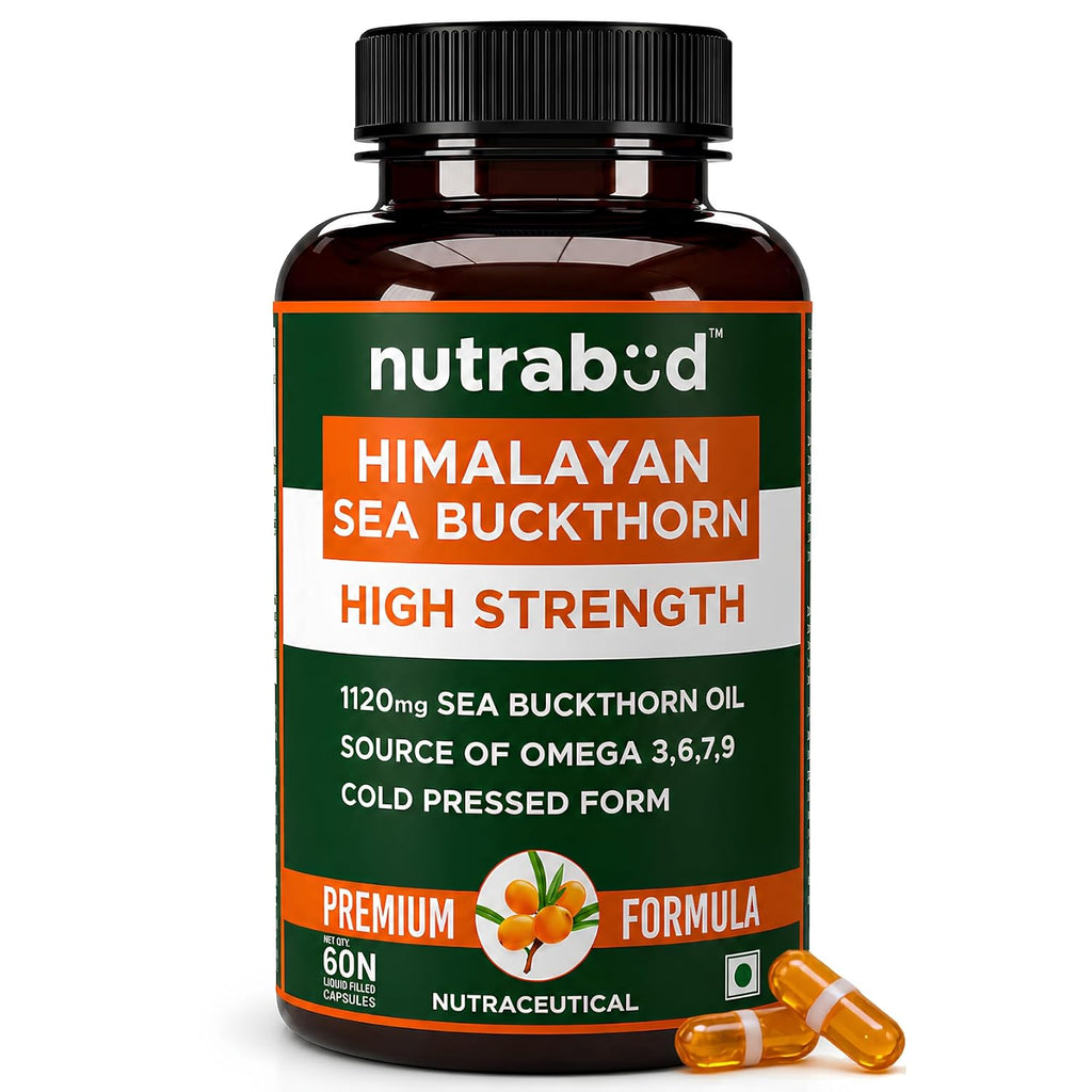 Nutrabud Himalayan Sea Buckthorn Berry Oil -1120mg per serving - Cold-Pressed Vegetarian Omega 3,6,7,9 Oil for Skin Glow, Immunity & Gut Health Supplement (60 Count (Pack of 1), Unflavoured)