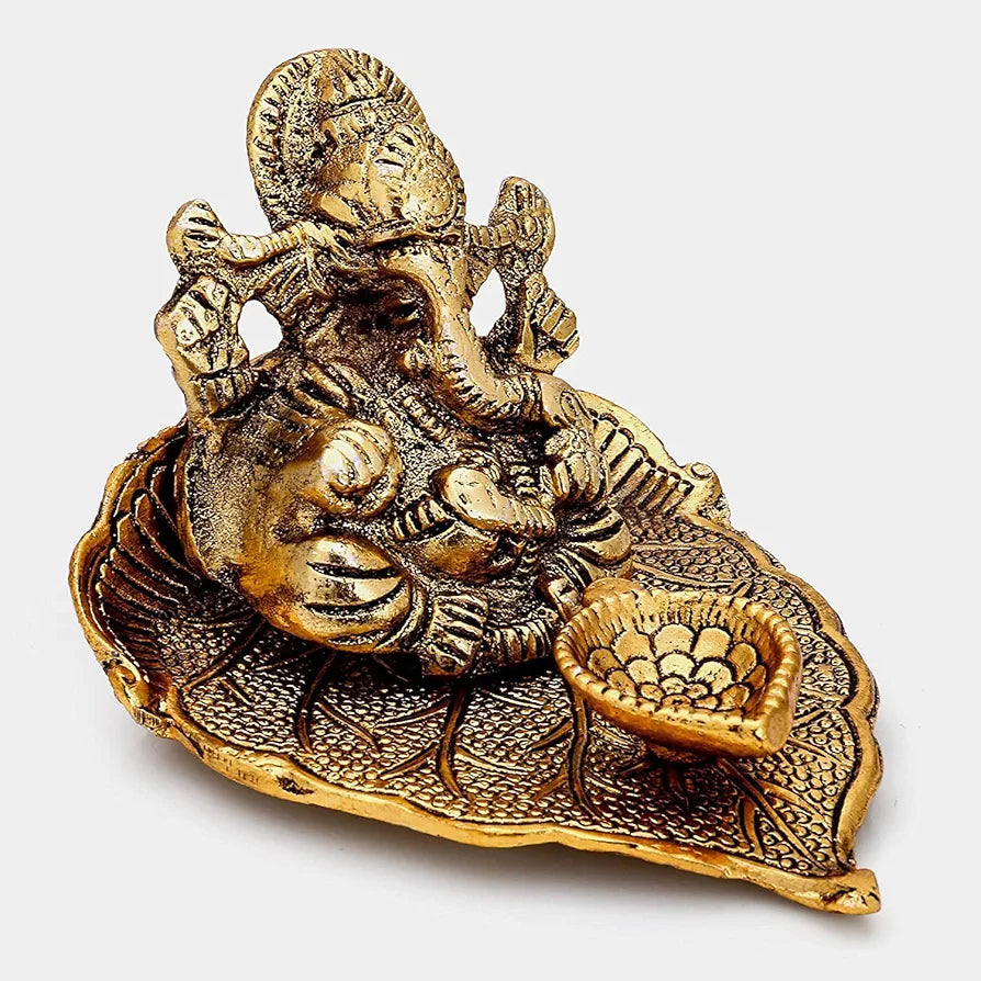 Chhariya Crafts Metal Ganesh Idol with Diya Deepak Showpiece - 8 cm