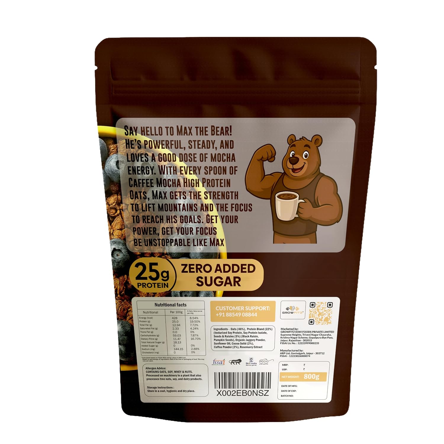 GrowFitz 25g High Protein Oats 800 Gram | Caffee Mocha Flavor Breakfast Oatmeal | 12g High Fiber, Almonds, Raisin, Pumpkin, Chia Seeds, Super Rolled Oats | Healthy Fats, No Added Sugar (Pack of 1)