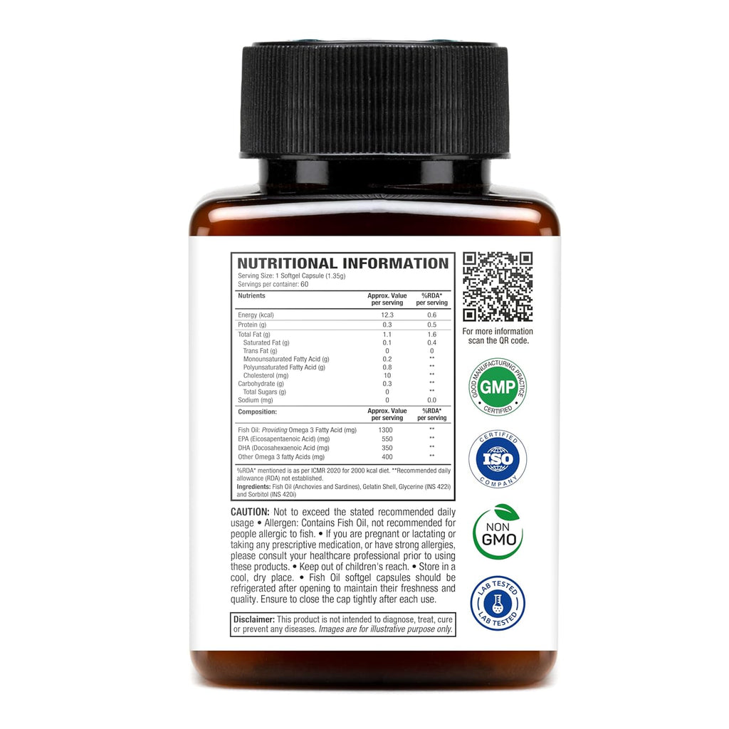 WOW Life Science Omega-3 Fish Oil 1300 Mg Triple Strength 550Mg Epa 350Mg Dha,Burpless,Mercury Free,Ideal For Keto Diet,1 Count