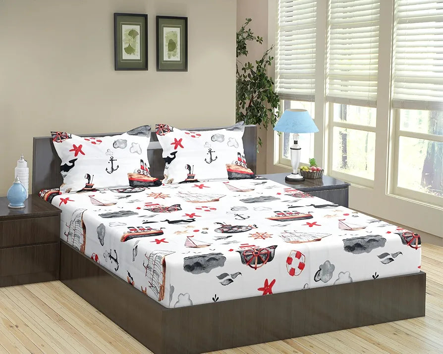 Trance Home Linen 180TC 100% Cotton 78"x72" Standard King Size Elastic Fitted Kids Bedsheet Printed King Bed Size with 2 Pillow Covers Colour Boat Orange