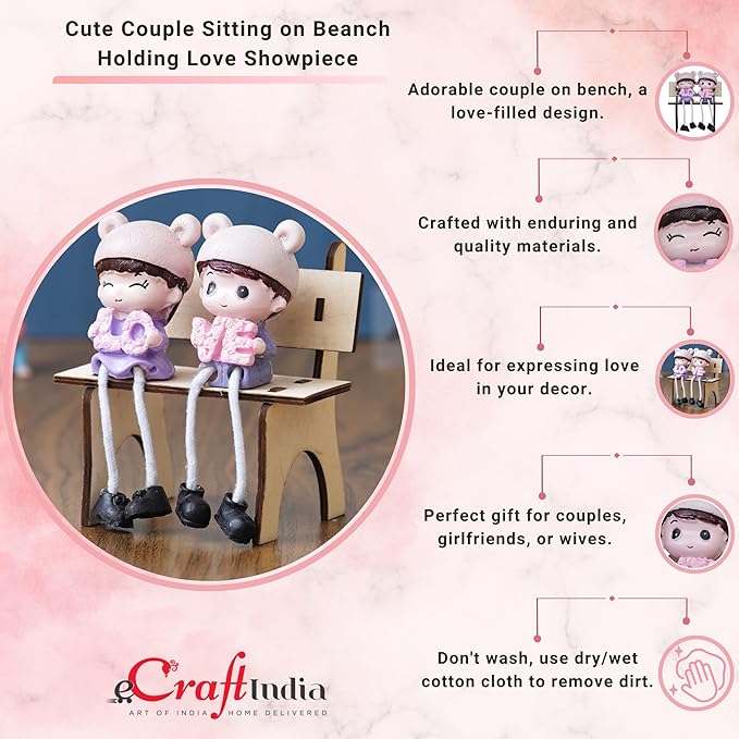 Ecraftindia Cute Couple Sitting on Beanch Holding Love Decorative Showpiece | Valentine Gift