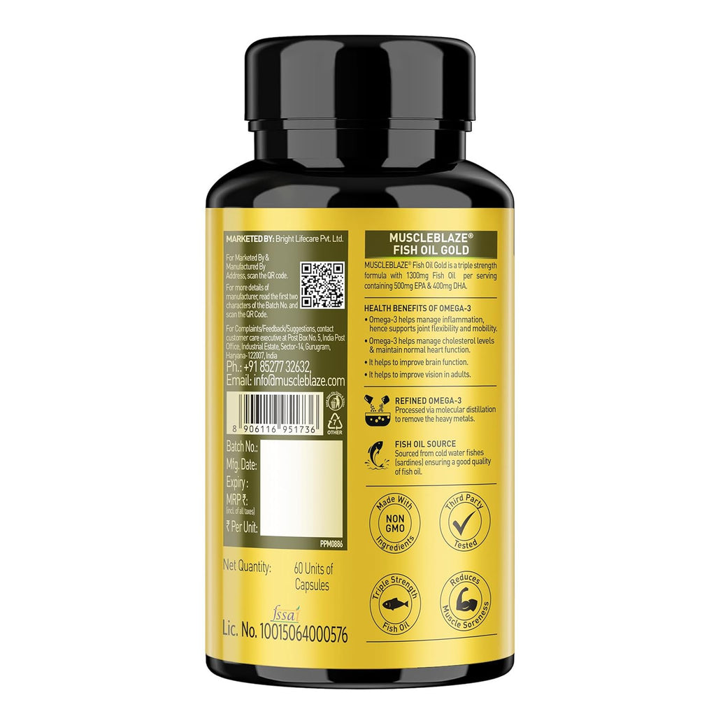 MuscleBlaze Omega 3 Fish Oil Gold (60 Capsules) | 1300mg Omega 3 with 500mg EPA & 400mg DHA | 3x Triple Strength Formula | No Fishy Aftertaste