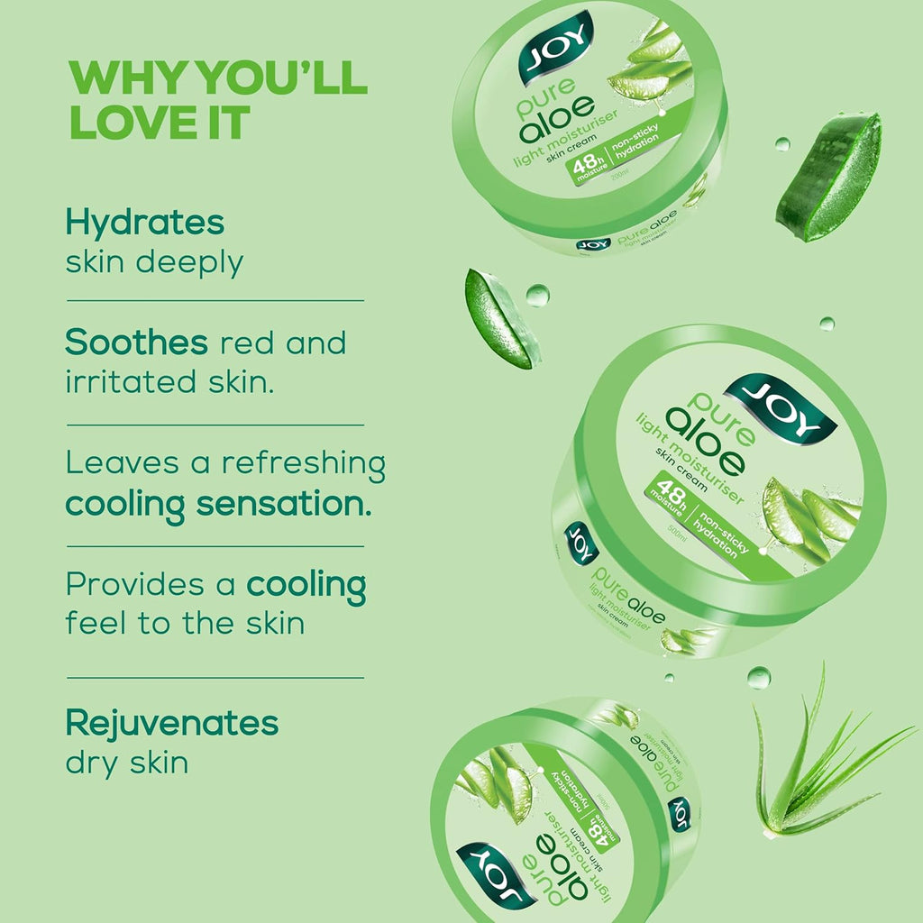 Joy Pure Aloe Light Moisturiser Skin Cream for Face, Hands & Body (500ml) | 48H Hydration | Non-Sticky | Soothing, Brightening & UV Protection | For Dry to Oily Skin
