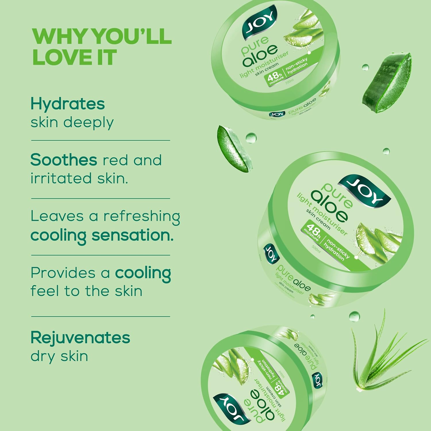 Joy Pure Aloe Light Moisturiser Skin Cream for Face, Hands & Body (500ml) | 48H Hydration | Non-Sticky | Soothing, Brightening & UV Protection | For Dry to Oily Skin