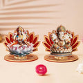 Ecraftindia Set of 2 Mdf Wooden Goddess Lakshmi and Lord Ganesha Sitting on Lotus Flower Decorative Showpieces