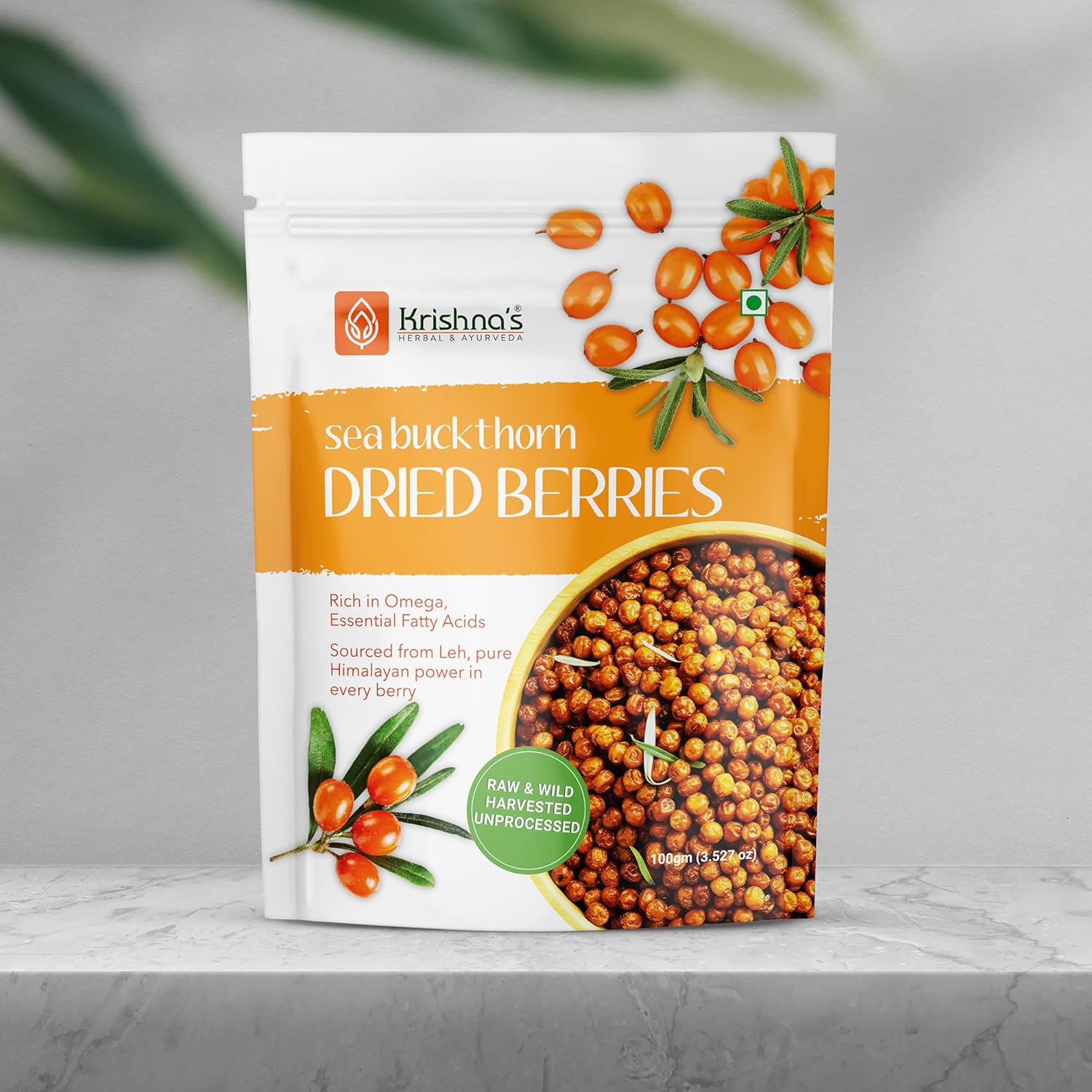 Krishnaâ€™s Sea Buckthorn Dried Berries - 100g | Natural Himalayan Berries | Raw & Unprocessed | Rich in Omega 3, 6, 7, 9 & Natural Vitamin C | No Added Sugar or Preservatives