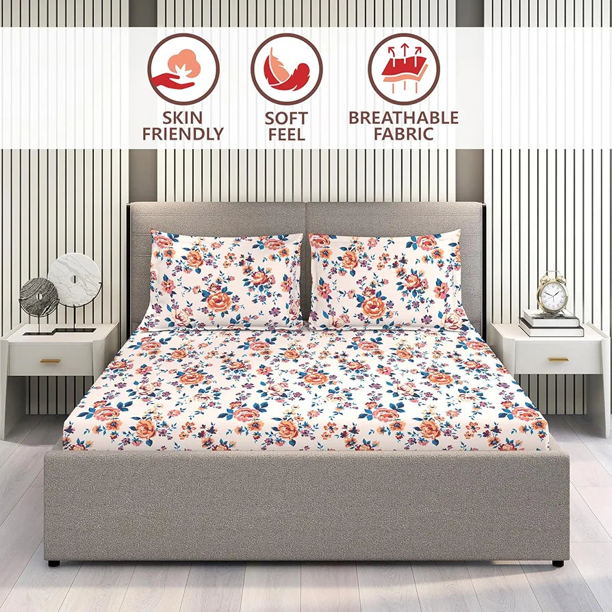 Layers Marigold Cotton Bedsheet Set for All Seasons Lightweight 144 TC King Size Beige Marigold