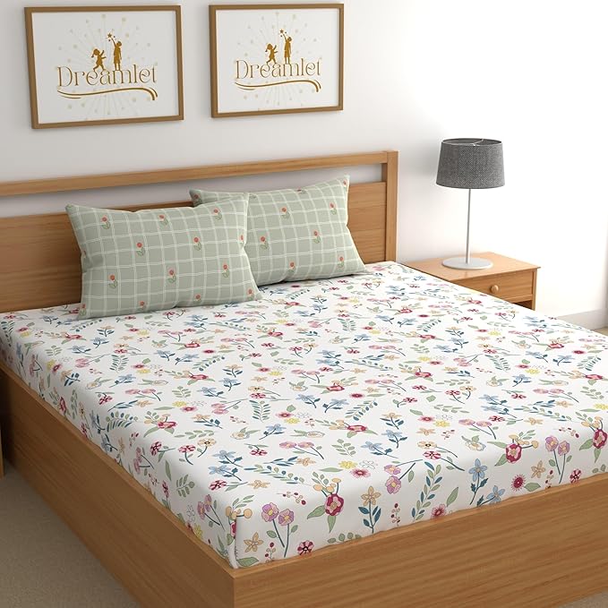 Dreamlet Premium Cotton Flat Double Bedsheets With 2 King Size Pillow Covers Double Bed Breathable | Multicolor