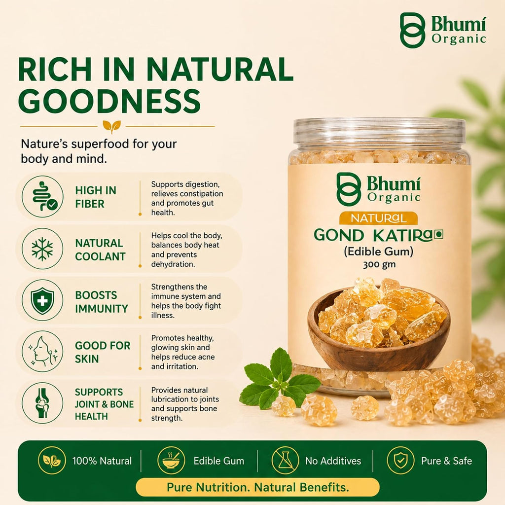 Bhumi Organic Gond Katira (Tragacanth Gum) | Natural Edible Gum for Summer Drinks, Body Cooling Ayurvedic Superfood, Gluten-Free