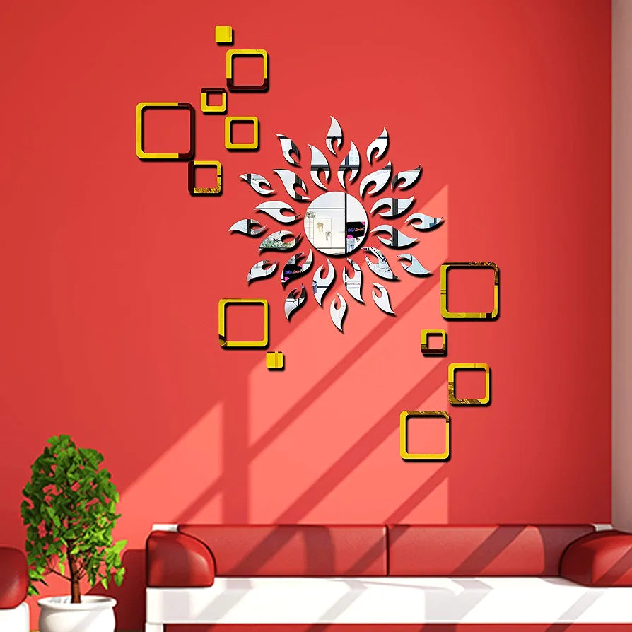 Bikri Kendra Sun Silver with 12 Square Golden 3D Mirror Wall Stickers