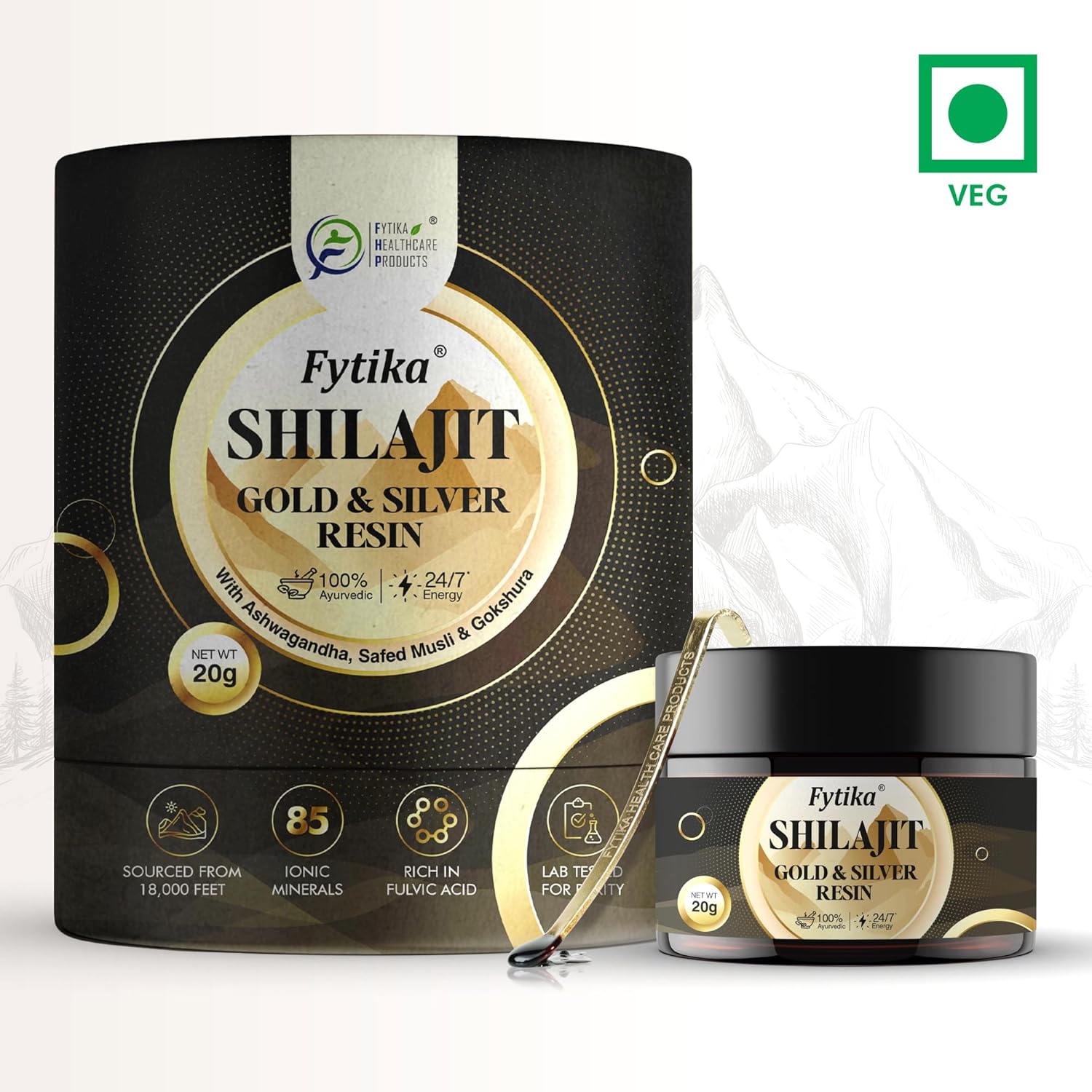 FYTIKA Shilajit/Shilajeet Gold And Silver Resin-20 G|100% Ayurvedic Himalayan Shilajit|Swarn Bhasam,Rajat Bhasam,Ashwagandha,Safed Musli,Gokshura|For Strength,Stamina And Energy,1 Count,20 Grams
