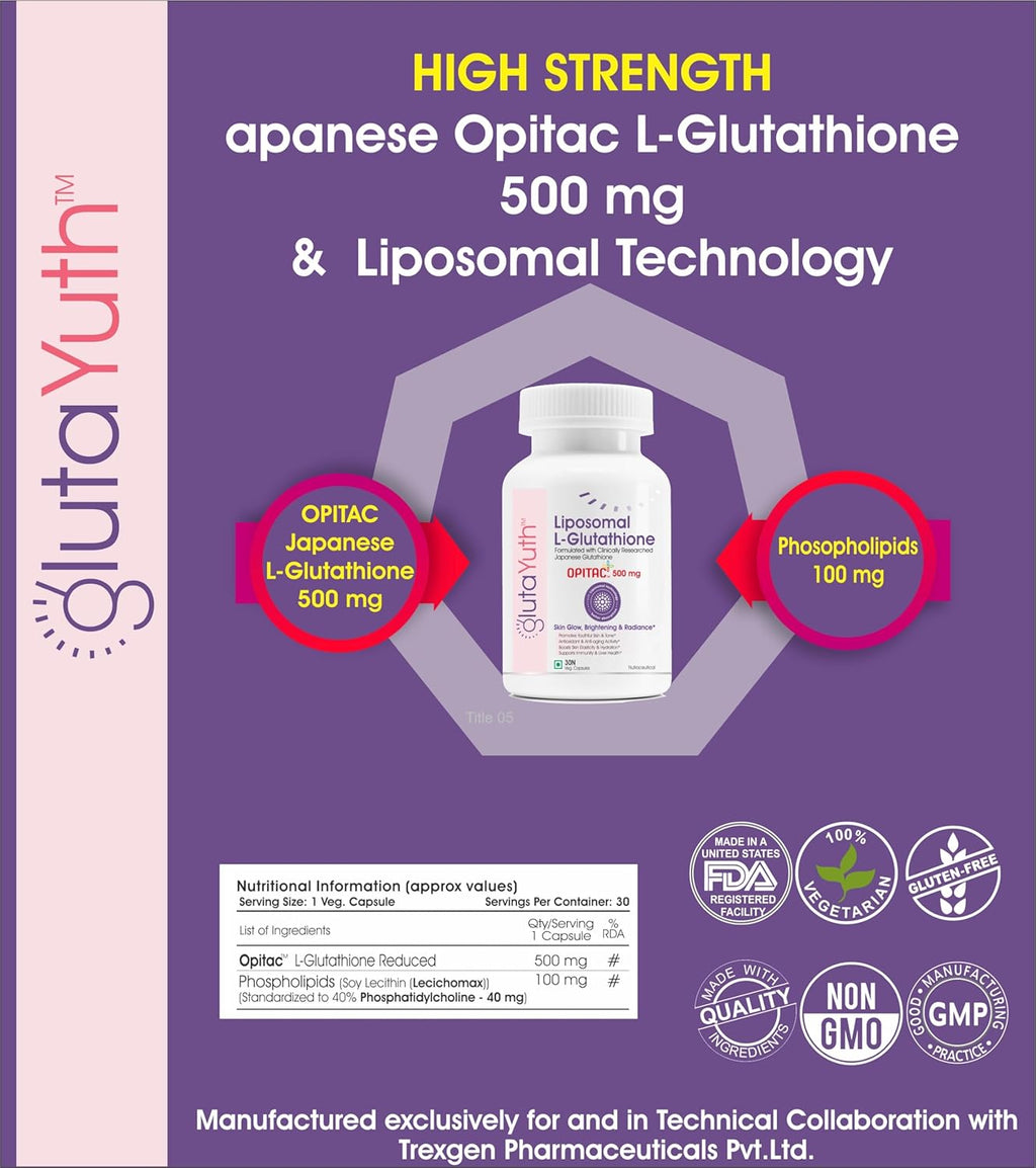 Liposomal OPITAC 500 JAPANESE L-Glutathione 500 mg with Phosphatidylcholine Phospholipid Technology Youthful Skin, Glow, Radiance Complex (30 Veg Capsules) (Pack of 1)