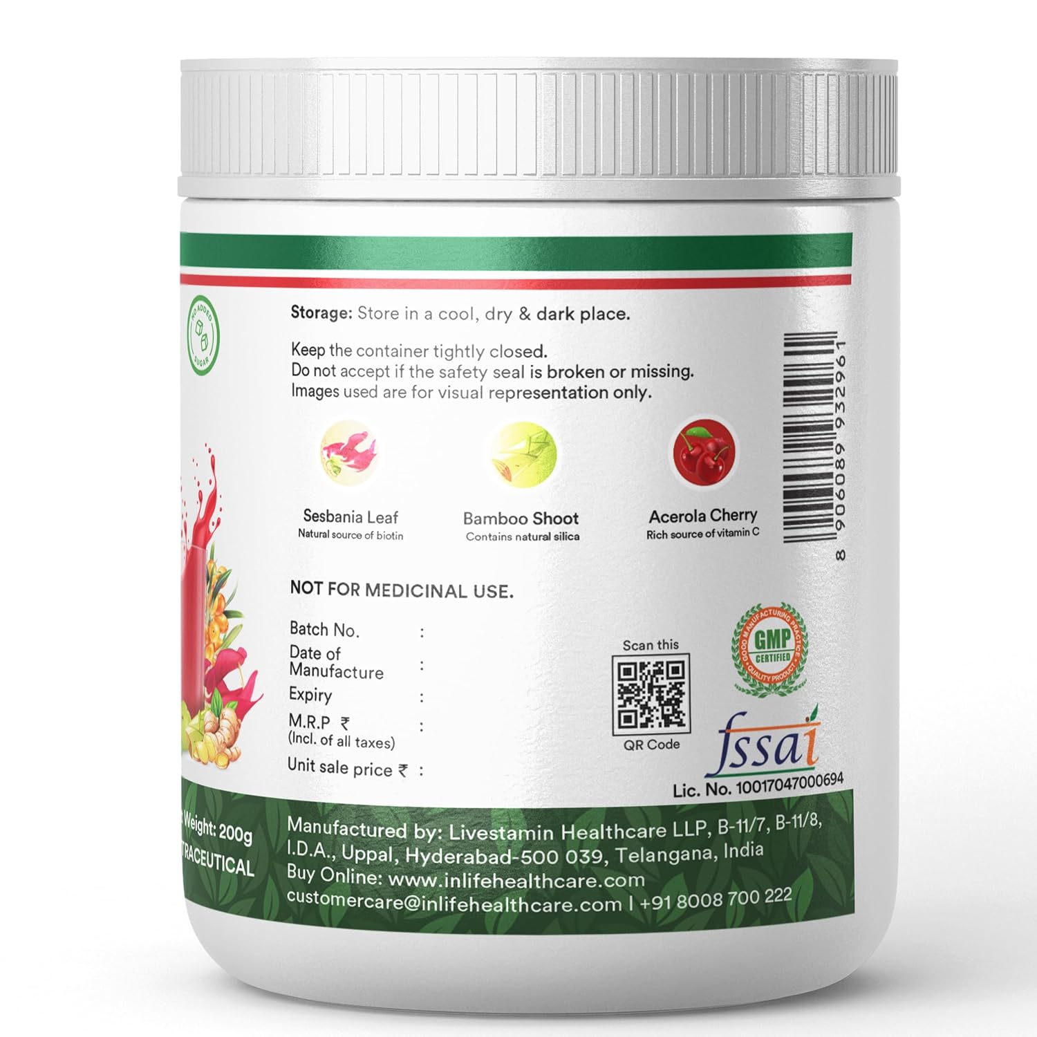 INLIFE Collagen Builder Supplements For Women and Men | Plant Based Collagen Powder for Skin & Hair with Biotin from Sesbania, Vitamin C, Silica, Hyaluronic Acid, Vitamin E, 200g (Fruit Punch)