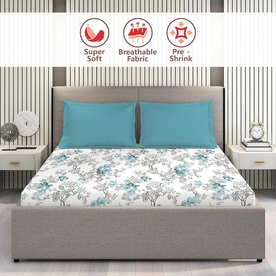 Layers Tivoli Cotton Bedsheet Set for All Seasons Lightweight 104 TC Queen Size Beige/Blue Color