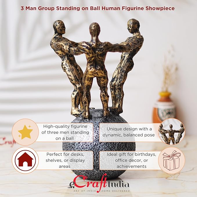 Ecraftindia 3 Man Group Standing on Ball Human Figurine Showpiece for Home, Office, Table Decor