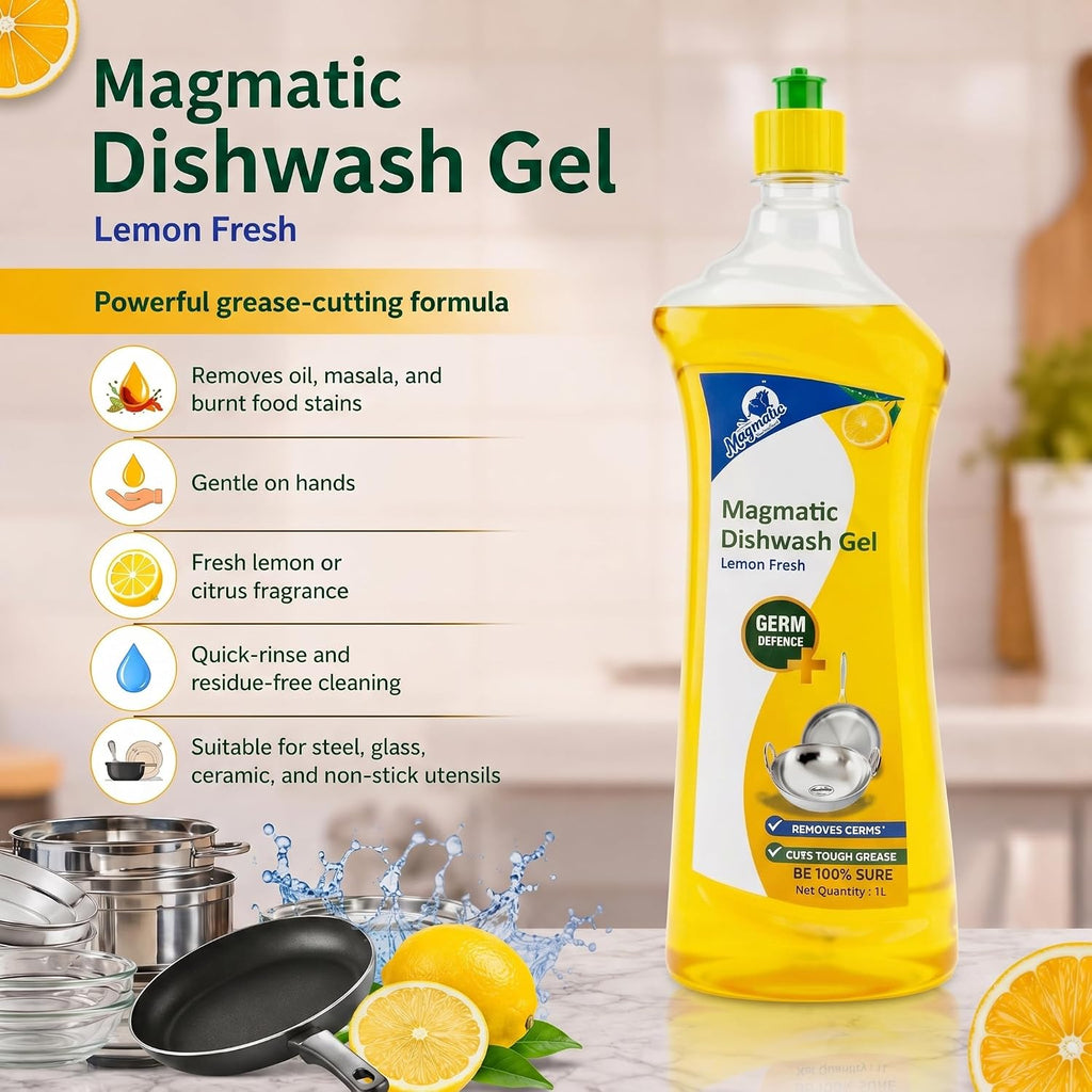 Magmatic Dishwash Liquid Gel | Lemon Fresh – Tough Grease & Oil Remover | Germ Protection Formula | Kitchen Utensil Cleaner | 1L