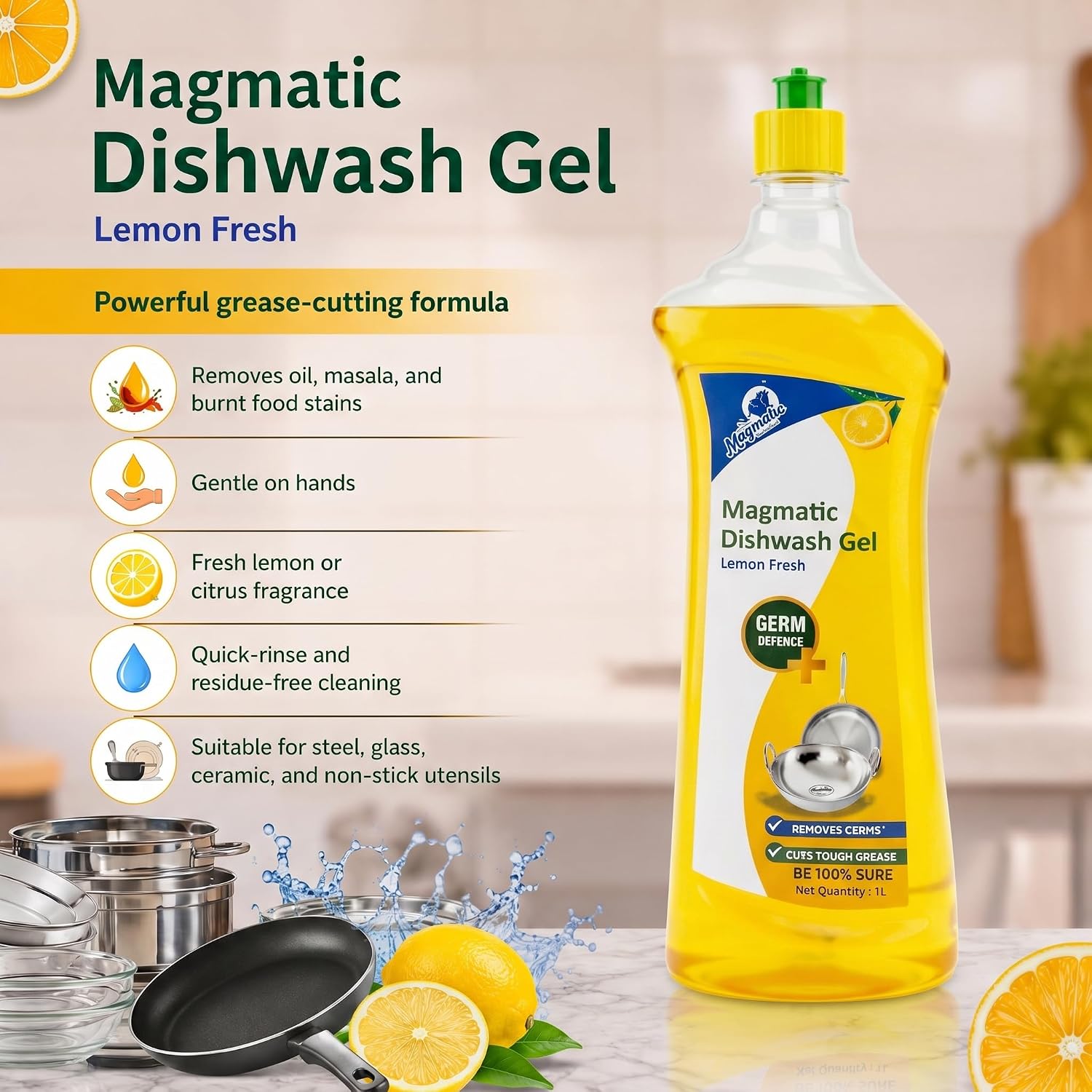 Magmatic Dishwash Liquid Gel | Lemon Fresh – Tough Grease & Oil Remover | Germ Protection Formula | Kitchen Utensil Cleaner | 1L