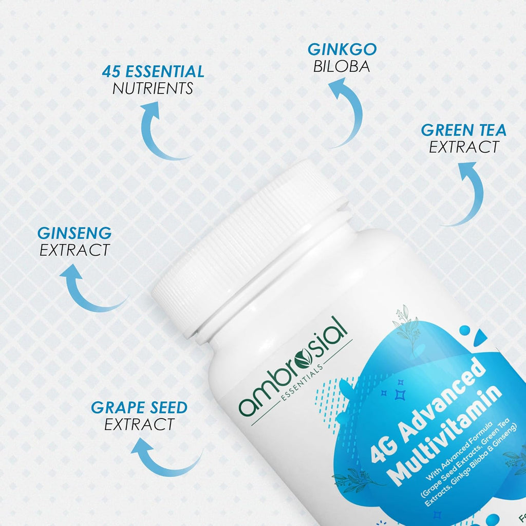 Ambrosial 4GAdvanced Multivitamin for Men| High Strength Multivitamin for Women with 45 Essential Vitamins & Minerals| Goodness of Ginseng Green, Tea, Vitamin B12, B7, B9, D3 (Pack of 1-60 Softgels)