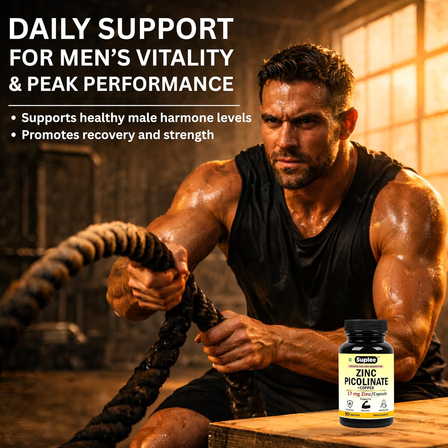 Suplee Zinc Picolinate with Copper Gluconate | High Absorption Zinc Supplement | Immunity, Skin Health & Muscle Support | 90 Veg Capsules