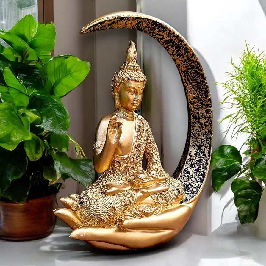 Neelaya Antique Meditating Moon Buddha Showpiece Polyresin Idol Statue Gold