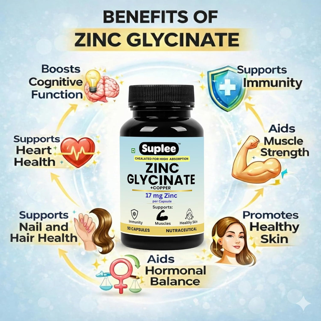 Suplee Zinc Glycinate with Copper Supplement | 17mg Zinc & 1.7mg Copper | High Absorption Chelated Formula for Immunity, Skin & Muscle Health | 90 Veg Capsules (Lab Tested)