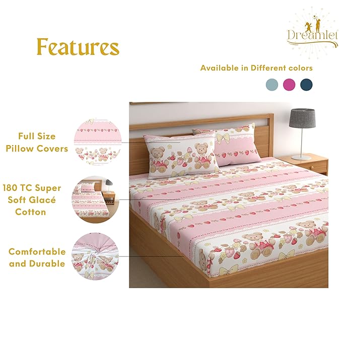 Dreamlet Prime Collections 180tc Pure Cotton Breathable Supersoft Wrinkelfree Double Flat Bedsheet With 2 King Size Pillow Covers | Pink & White