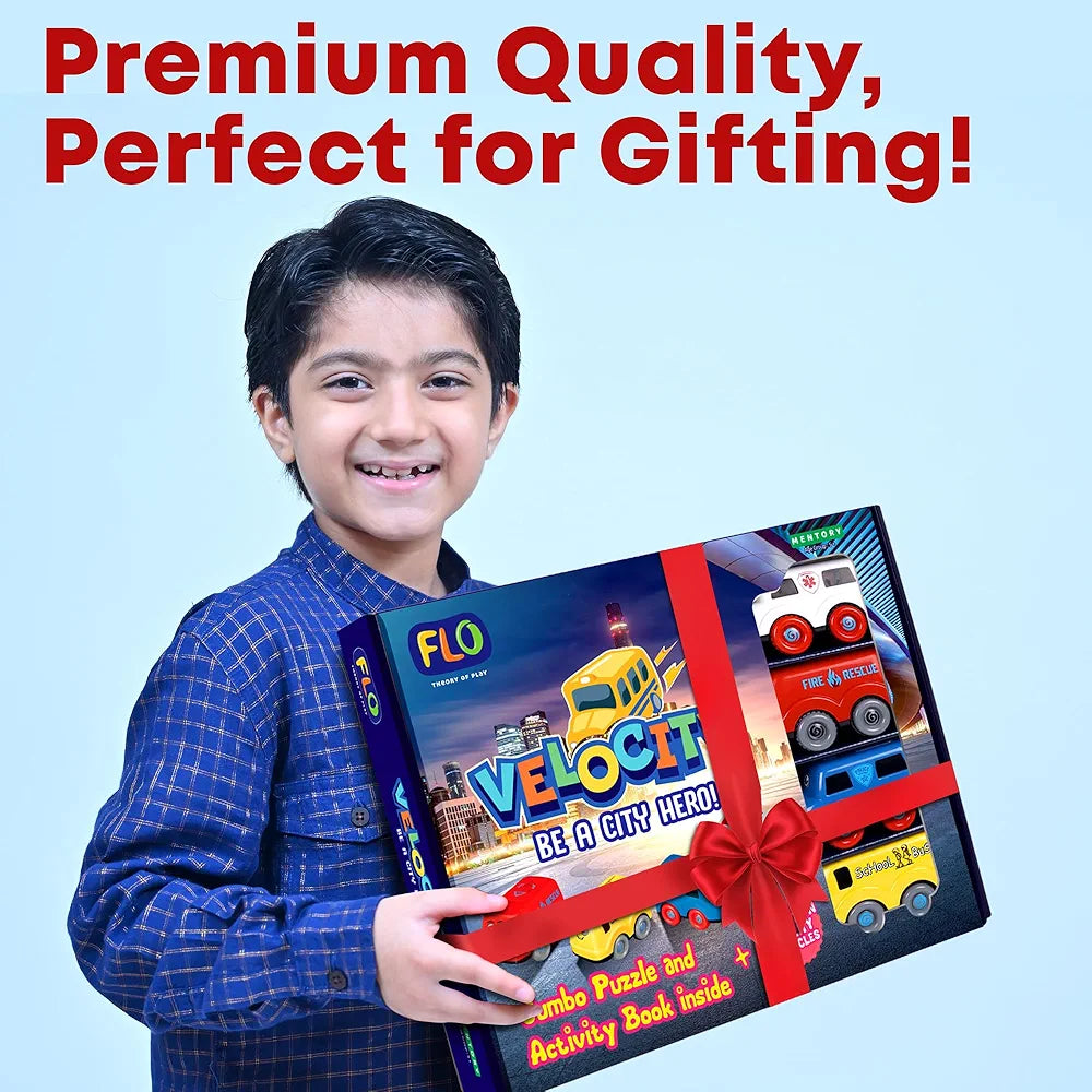 FLO Velocity Rescue Vehicle Puzzle Set 4-Piece Friction Cars  with 58x86 cm Floor Puzzle & Storybook STEM Adventure Toy for Boys & Girls Ages 5+