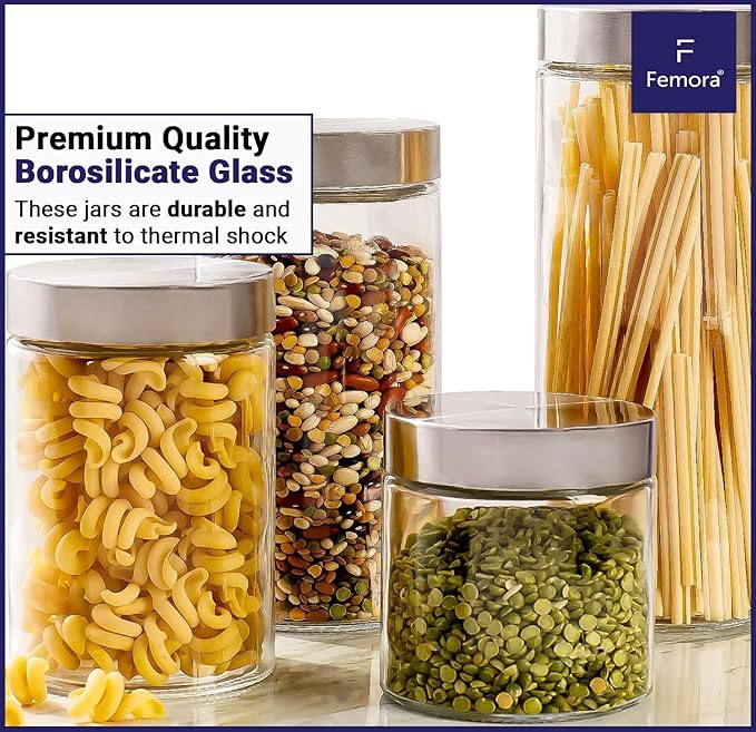 Femora Kitchen Storage Jars Borosilicate Glass With Steel Lid Air Tight Jar | 750 Ml | Pack of 2