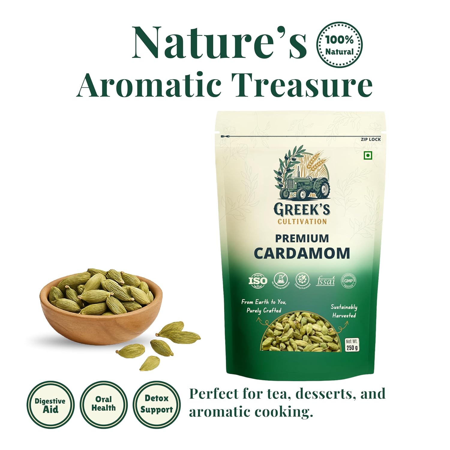 Greek's Cultivation Premium Green Cardamom Bold 8mm,250g | Handpicked Whole Elaichi Pods | Fresh Aroma & Bold Flavor for Chai, Biryani, Curries, Desserts, Baking & Indian Spices