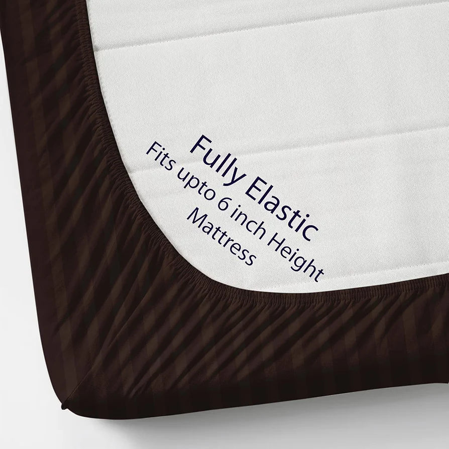 Homefab India 160 TC Stripe Cotton Feel Glace Cotton Elastic Fitted King Size Double Bed Bedsheet with 2 Pillow Covers Fits Upto 6 inches Mattress Brown