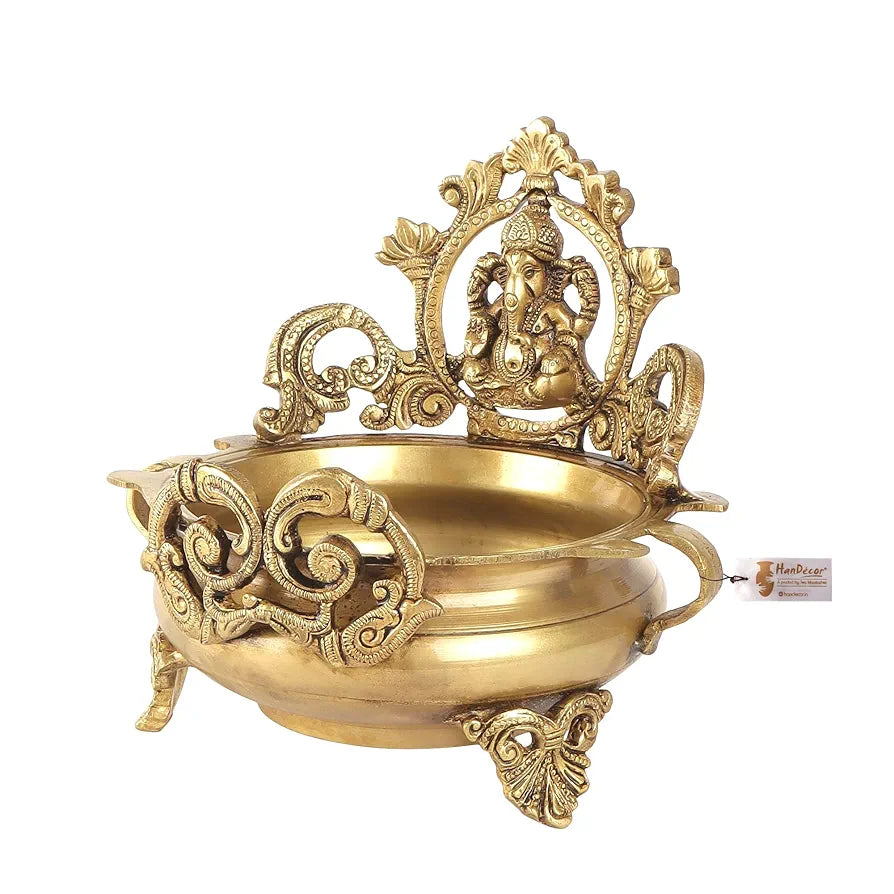Two Moustaches Brass Ethnic Carved Ganesha Design 7 Inches Brass Urli Decor Bowl Golden Brass
